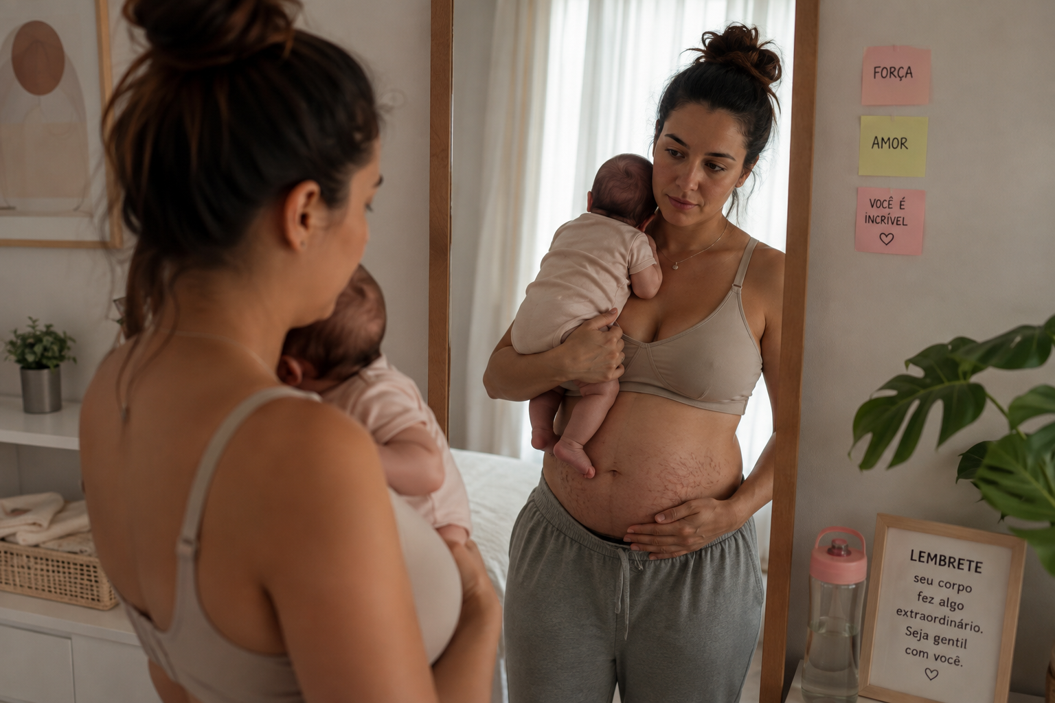 Mulher no pós-parto segurando o bebê enquanto observa as mudanças do corpo após a gravidez.