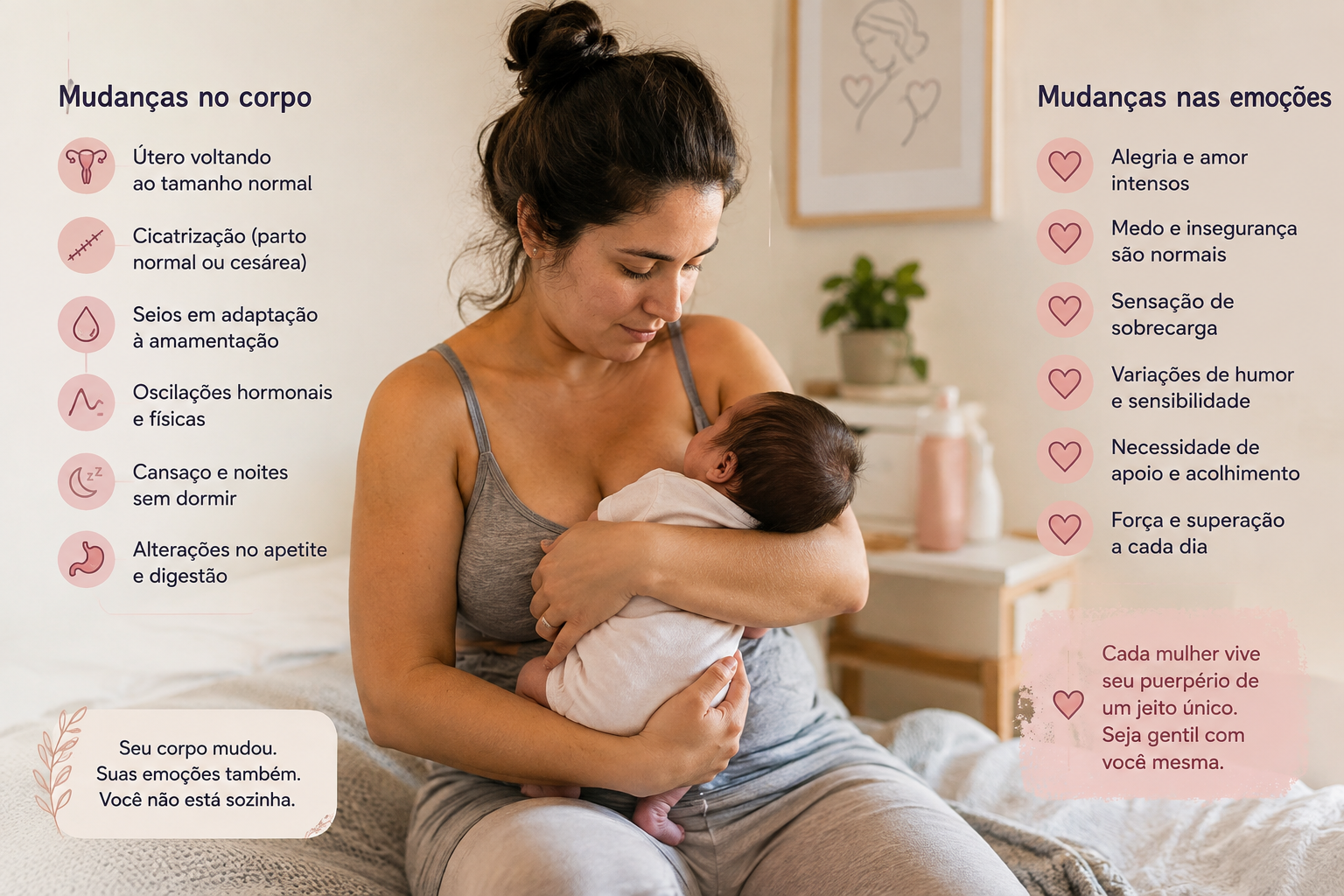 Mulher no puerpério segurando o bebê, representando mudanças no corpo e nas emoções depois do parto.