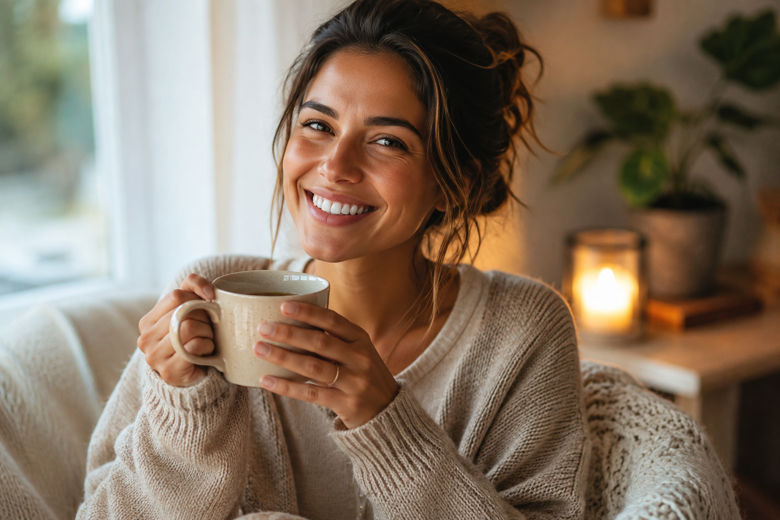 Mulher sorrindo confortavelmente em casa simbolizando saúde e bem-estar no tratamento da herpes genital.