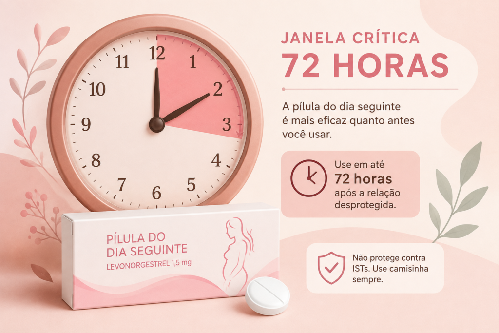 Ilustração médica humanizada mostrando um relógio ao lado de uma pílula do dia seguinte, e O que fazer se a camisinha estourar destacando a janela crítica de 72 horas após, a relação desprotegida para maior eficácia do contraceptivo de emergência.