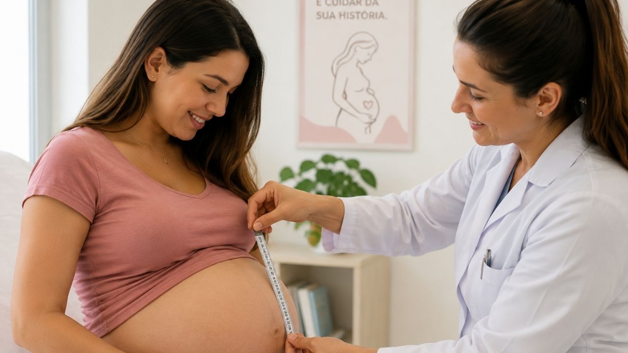 Profissional de saúde medindo a altura da barriga na gravidez com fita métrica