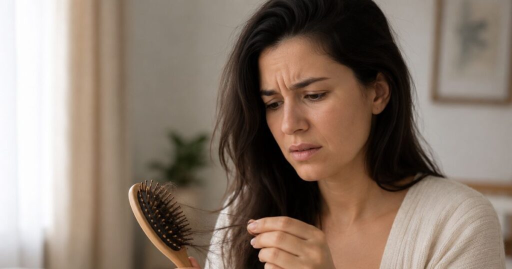 Mulher observando fios de cabelo na escova após a queda de cabelo pós-parto
