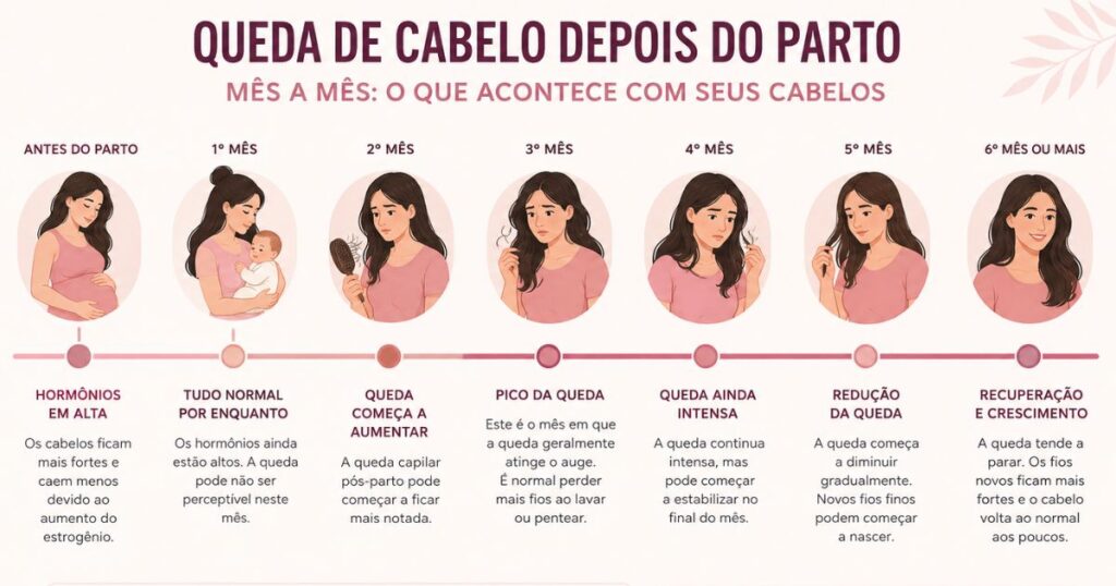 Linha do tempo ilustrando a queda de cabelo depois do parto mês a mês