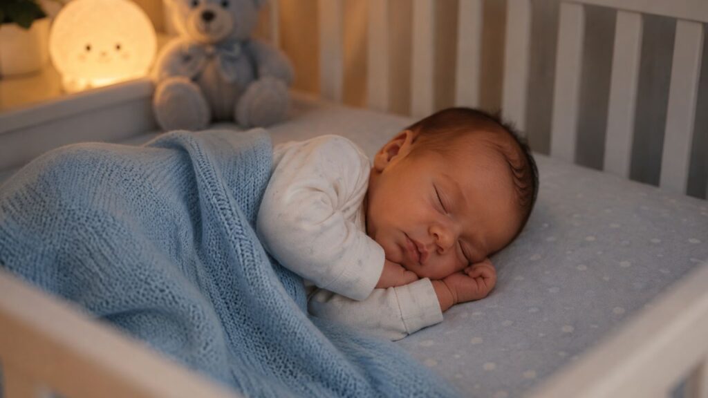 Bebê recém-nascido dormindo tranquilo no berço durante o sono do bebê
