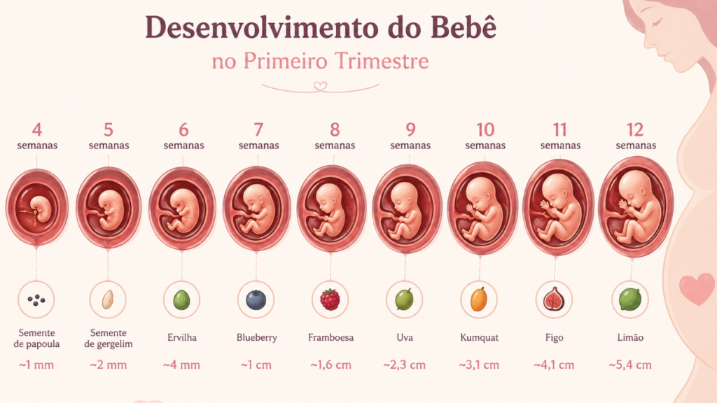 desenvolvimento do bebê semana a semana dentro da barriga - ilustração do feto no primeiro trimestre