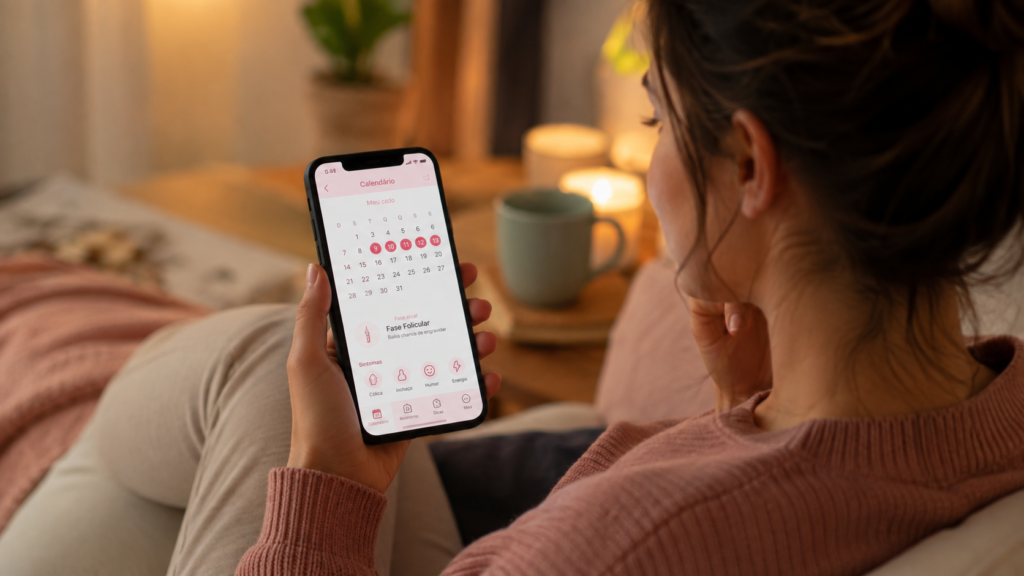 mulher verifica no celular o calendário após 2 meses sem Menstruação Possíveis Causas